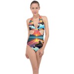 Sunset Over A Lake Halter Front Plunge Swimsuit