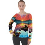 Sunset Over A Lake Off Shoulder Long Sleeve Velour Top