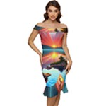 Sunset Over A Lake Off Shoulder Ruffle Split Hem Bodycon Dress