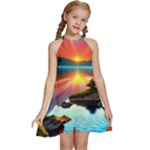 Sunset Over A Lake Kids  Halter Collar Waist Tie Chiffon Dress