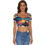 Sunset Over A Lake Short Sleeve Square Neckline Crop Top 