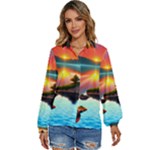 Sunset Over A Lake Women s Long Sleeve Button Down Shirt