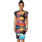 Sunset Over A Lake Vintage Frill Sleeve V-Neck Bodycon Dress