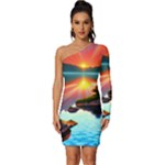 Sunset Over A Lake Long Sleeve One Shoulder Mini Dress