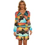 Sunset Over A Lake Long Sleeve Waist Tie Ruffle Velour Dress