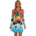 Sunset Over A Lake Long Sleeve Deep V Mini Dress 