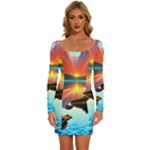 Sunset Over A Lake Long Sleeve Square Neck Bodycon Velour Dress