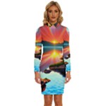 Sunset Over A Lake Long Sleeve Shirt Collar Bodycon Dress