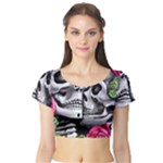 Black Skulls Red Roses Short Sleeve Crop Top