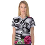 Black Skulls Red Roses V-Neck Sport Mesh Tee