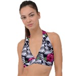 Black Skulls Red Roses Halter Plunge Bikini Top