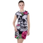 Black Skulls Red Roses Drawstring Hooded Dress