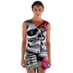 Black Skulls Red Roses Wrap Front Bodycon Dress