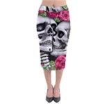 Black Skulls Red Roses Midi Pencil Skirt