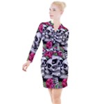 Black Skulls Red Roses Button Long Sleeve Dress