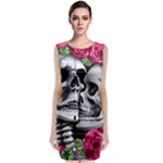 Black Skulls Red Roses Sleeveless Velvet Midi Dress