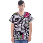 Black Skulls Red Roses Men s V-Neck Scrub Top