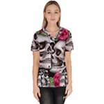 Black Skulls Red Roses Women s V-Neck Scrub Top