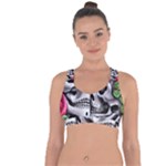 Black Skulls Red Roses Cross String Back Sports Bra