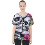 Black Skulls Red Roses V-Neck Dolman Drape Top