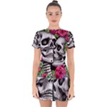 Black Skulls Red Roses Drop Hem Mini Chiffon Dress