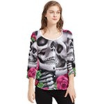 Black Skulls Red Roses Chiffon Quarter Sleeve Blouse