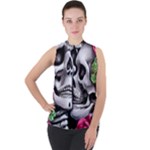 Black Skulls Red Roses Mock Neck Chiffon Sleeveless Top