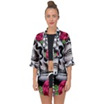 Black Skulls Red Roses Open Front Chiffon Kimono