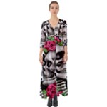 Black Skulls Red Roses Button Up Boho Maxi Dress