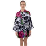 Black Skulls Red Roses Long Sleeve Satin Kimono