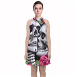 Black Skulls Red Roses Velvet Halter Neckline Dress 