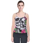 Black Skulls Red Roses Velvet Spaghetti Strap Top