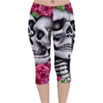 Black Skulls Red Roses Velvet Capri Leggings 