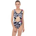 Black Skulls Red Roses Center Cut Out Swimsuit