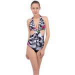 Black Skulls Red Roses Halter Front Plunge Swimsuit