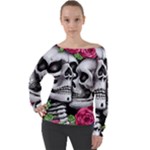 Black Skulls Red Roses Off Shoulder Long Sleeve Velour Top