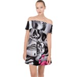 Black Skulls Red Roses Off Shoulder Chiffon Dress