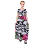 Black Skulls Red Roses Kids  Short Sleeve Maxi Dress