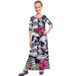 Black Skulls Red Roses Kids  Quarter Sleeve Maxi Dress