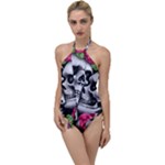 Black Skulls Red Roses Go with the Flow One Piece Swimsuit