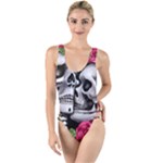 Black Skulls Red Roses High Leg Strappy Swimsuit