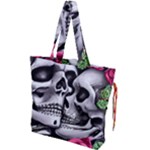 Black Skulls Red Roses Drawstring Tote Bag