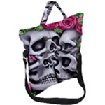 Black Skulls Red Roses Fold Over Handle Tote Bag