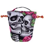 Black Skulls Red Roses Drawstring Bucket Bag