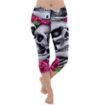 Black Skulls Red Roses Lightweight Velour Capri Yoga Leggings