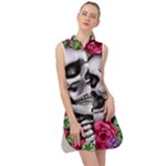 Black Skulls Red Roses Sleeveless Shirt Dress