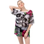 Black Skulls Red Roses Oversized Chiffon Top