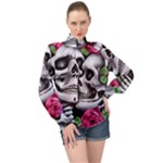 Black Skulls Red Roses High Neck Long Sleeve Chiffon Top