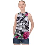 Black Skulls Red Roses High Neck Satin Top