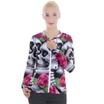 Black Skulls Red Roses Casual Zip Up Jacket